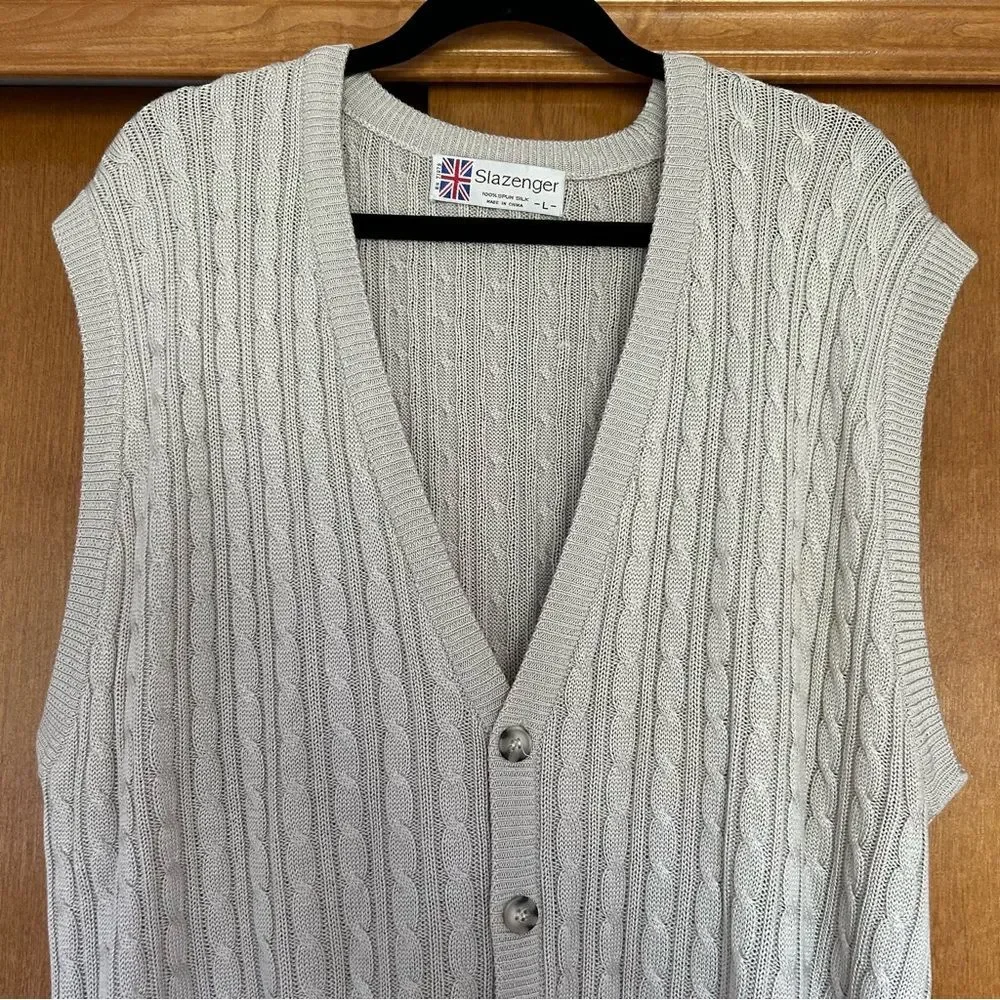 Vintage Slazenger Spun Silk Cable Knit Sleeveless Sweater Vest Large Fisherman - Picture 3 of 6